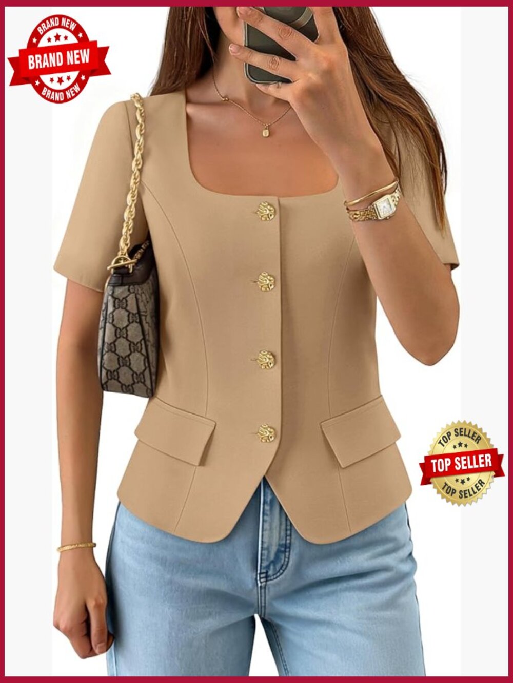 Trendy Square Neck Crop Blazer Vest Top Short Sleeve Office Wear